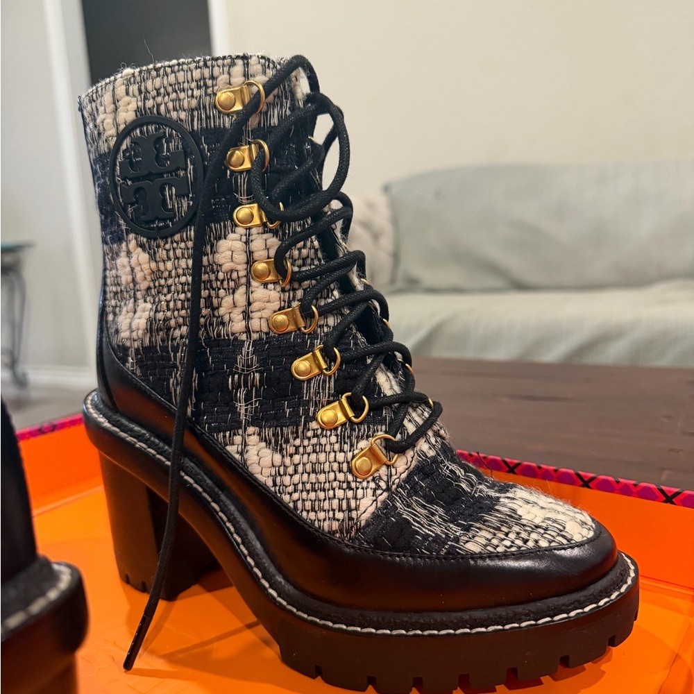 Tory Burch Black and Tan Lace-Up Boots